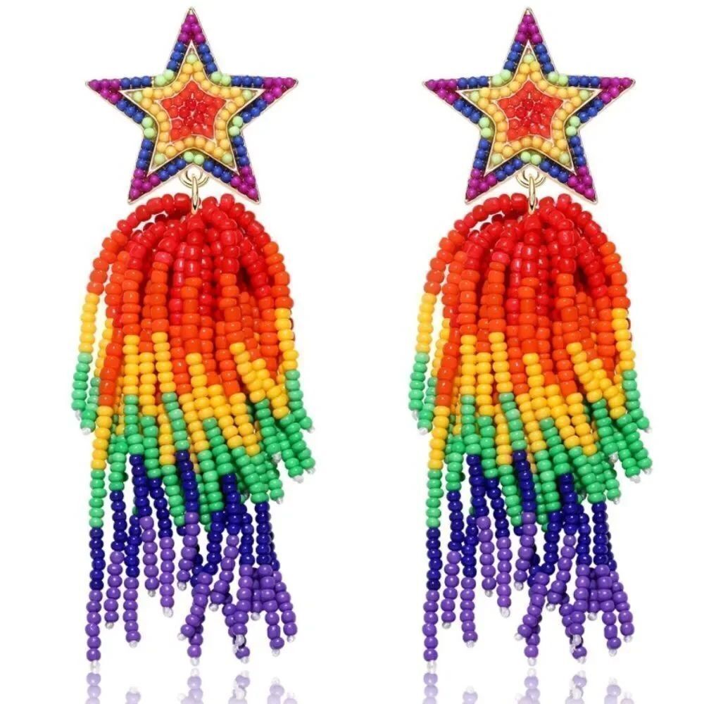 Yellow Gold and Rainbow Beaded Star Tassel Fringe Dangling Boho Post Earrings